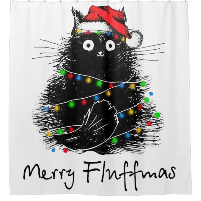 Schwarze Katze frohe Fluffmas, Weihnachtsbaum der  Duschvorhang (Vorderseite)
