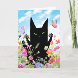Schwarze Katze Frühling Grußkarte:  Kitty und Blum Karte