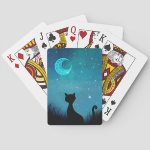 Schwarze Katze funkeln Nachthimmel Moderne Illustr Spielkarten