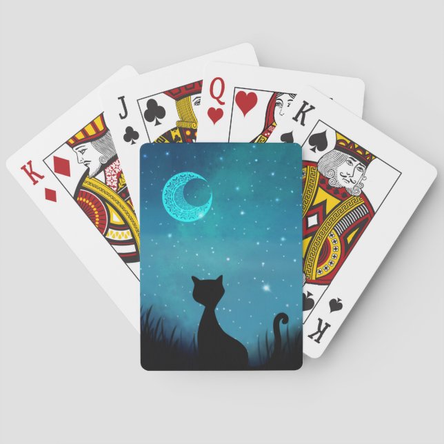 Schwarze Katze funkeln Nachthimmel Moderne Illustr Spielkarten (Rückseite)