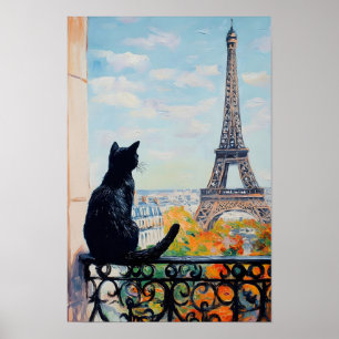 Schwarze Katze genießt den Blick auf den Eiffeltur Poster