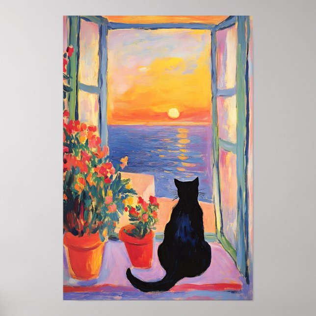 Schwarze Katze genießt den Meerblick Poster (Vorne)