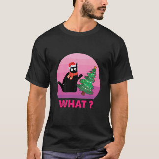 Schwarze Katze Geschenk Schiebt Weihnachtsbaum Um  T-Shirt
