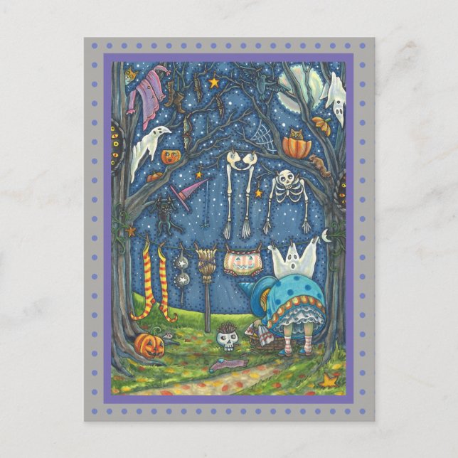SCHWARZE KATZE, GHOST, SKELETON-LAUNDRUCK POSTKARTE (Vorderseite)