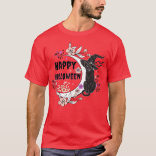 Schwarze Katze glücklich Halloween Hexe Vollmond, T-Shirt