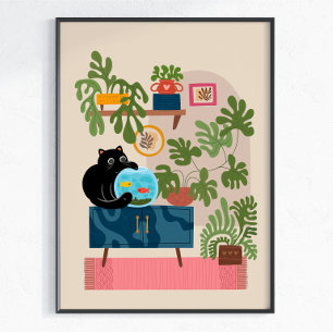 Schwarze Katze Goldfisch Spielende Katzenliebhaber Poster