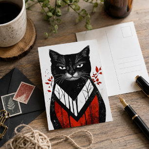 Schwarze Katze Gothic Art Rot Schwarz Modernes Kat Postkarte