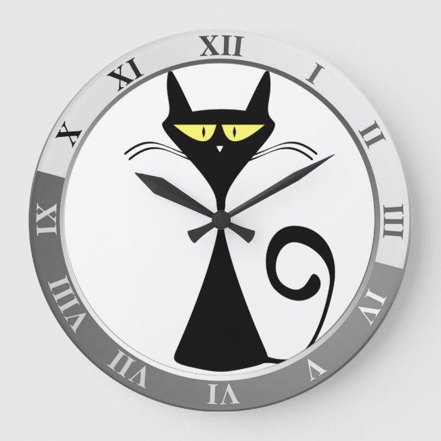 Schwarze Katze Große Wanduhr (Vorderseite)