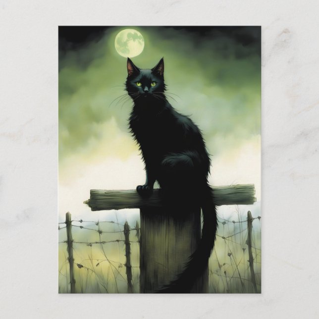 Schwarze Katze, grüne Augen und glühender Mond Postkarte (Vorderseite)