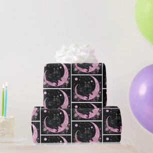 Schwarze Katze Halbmond Blumen Weiß Halloween Geschenkpapier