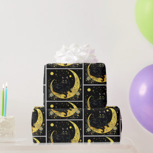 Schwarze Katze Halbmond Blumen Weiße Halloween Geschenkpapier