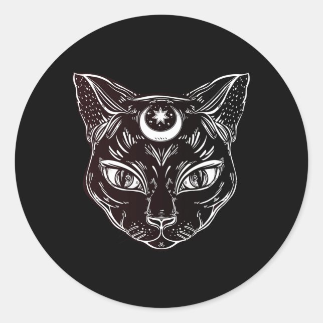 Schwarze Katze Halloween Boho Runder Aufkleber (Vorderseite)