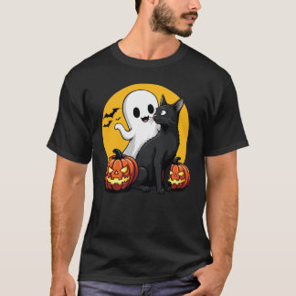 Schwarze Katze Halloween Geist Fliegende Fledermäu T-Shirt