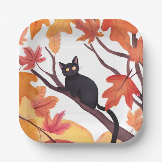 Schwarze Katze Halloween Herbst Pappteller (Vorderseite)