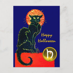 SCHWARZE KATZE HALLOWEEN-PARTY-MONOGRAMM EINLADUNGSPOSTKARTE