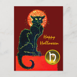 SCHWARZE KATZE HALLOWEEN-PARTY-MONOGRAMM POSTKARTE