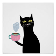 Schwarze Katze hält eine gemütliche Tasse