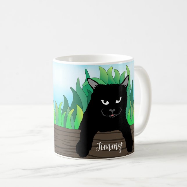 Schwarze Katze hängt, Kaffeetasse (VorderseiteRechts)