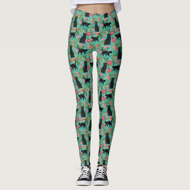 Schwarze Katze Hawaiianische Leggings (Vorderseite)