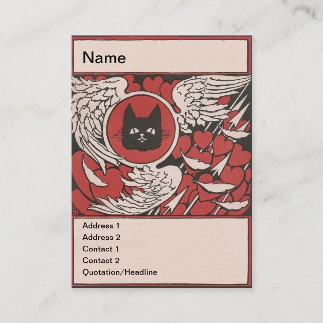 Schwarze Katze, Herzen und Flügel Vintag Visitenkarte (Vorderseite)