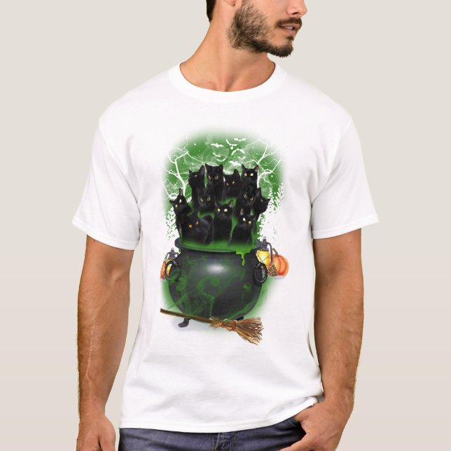 Schwarze Katze Hexe Halloween Tshirt (Vorderseite)