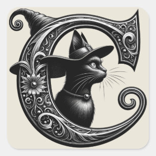 Schwarze Katze Hexe Hexerei Anfangsbuchstabe C Ben Quadratischer Aufkleber