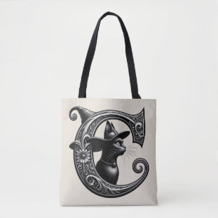 Schwarze Katze Hexe Hexerei Buchstabe C Benutzerde Tasche