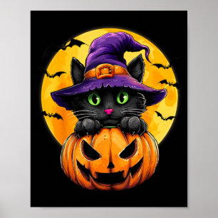 Schwarze Katze Hexe Kürbis Fledermäuse Halloween H Poster