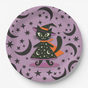 Schwarze Katze Hexe Lila Mond Sterne Halloween Par Pappteller