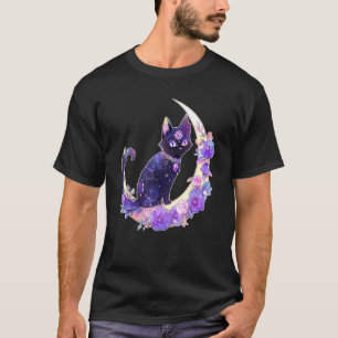 Schwarze Katze Hexe Mondsichel Witchy Kristallpast T-Shirt