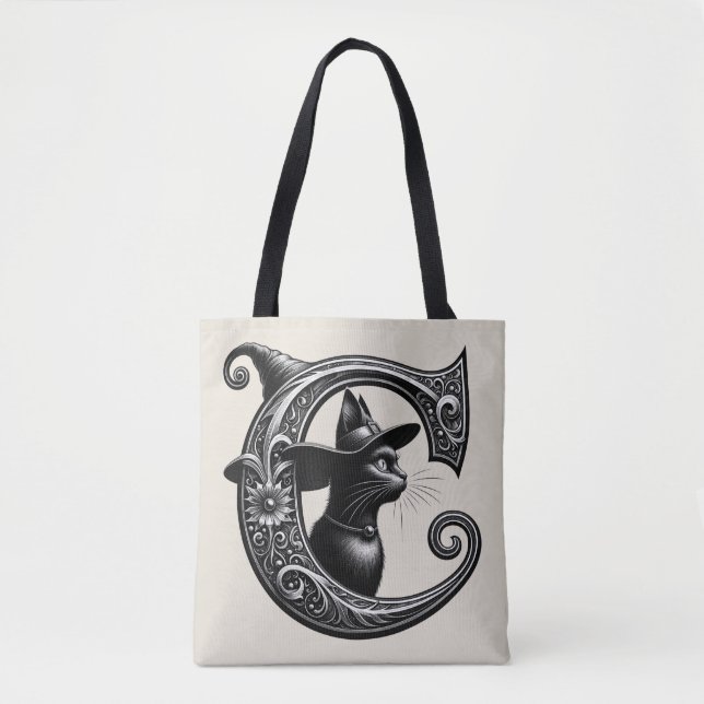 Schwarze Katze Hexe Witchy Buchstabe C Benutzerdef Tasche (Vorderseite)