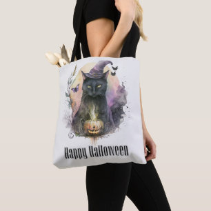Schwarze Katze Hexenhut Vollmond Frohes Halloween Tasche
