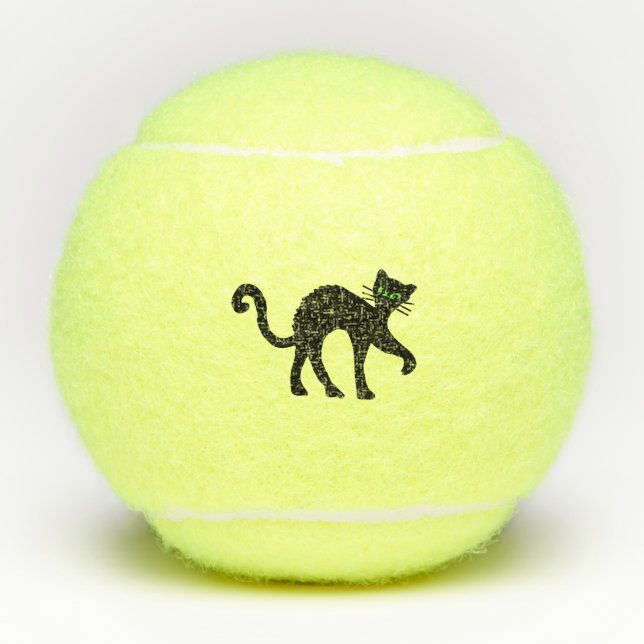 Schwarze Katze hinten Helle grüne Augen Tennisbälle (Vorderseite)