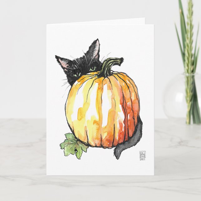 Schwarze Katze hinter einem Kürbisgefälle Dankesch Dankeskarte (Vorderseite)