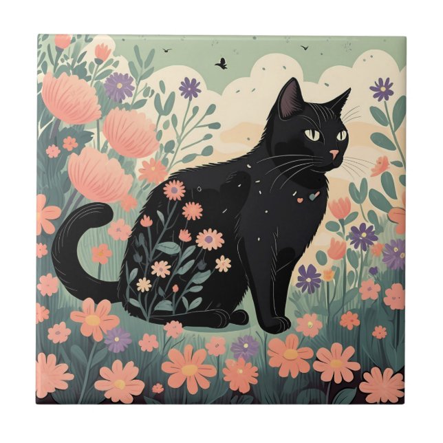 Schwarze Katze-Illustration in einem Bereich von B Fliese (Vorderseite)