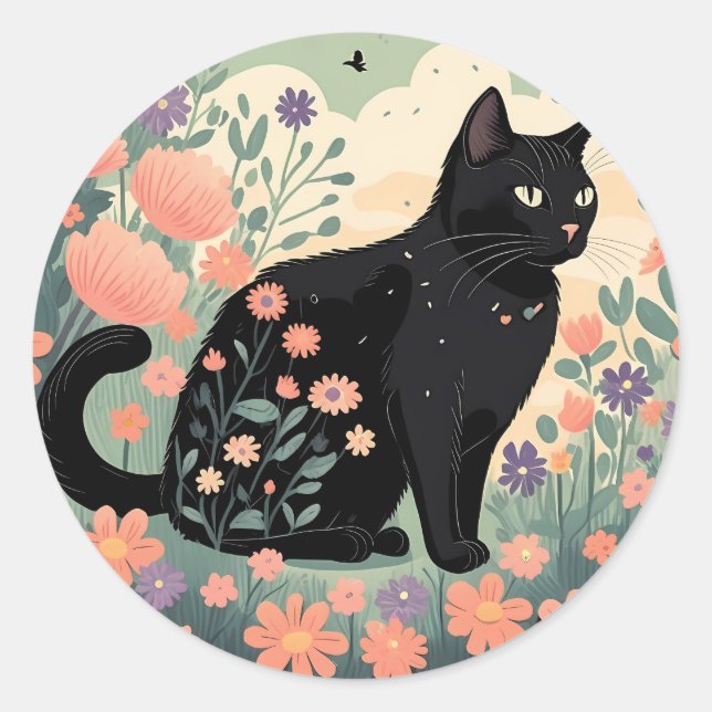 Schwarze Katze-Illustration in einem Bereich von B Runder Aufkleber (Vorderseite)