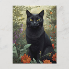 Schwarze Katze im Blumengarten Postkarte