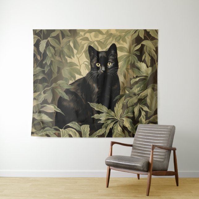 Schwarze Katze im dichten Wald Wandteppich (Beispiel (Horizontal))