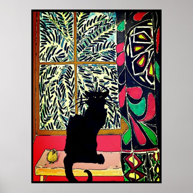 Schwarze Katze im Fenster Poster (Vorne)