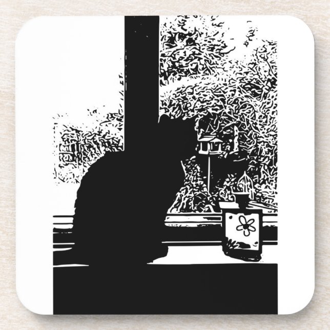 Schwarze Katze im Fenster Untersetzer (Vorderseite)