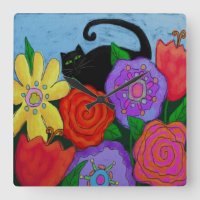 Schwarze Katze im Garten Abstrakte Kunst Runde Uhr