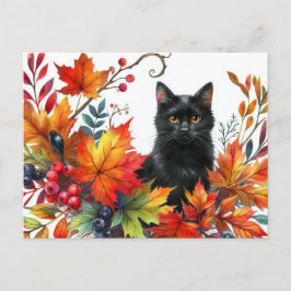 Schwarze Katze im Herbst Farbige Blätter Postkarte