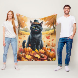 Schwarze Katze im Herbst hinterlässt Erntedank Kun Fleecedecke