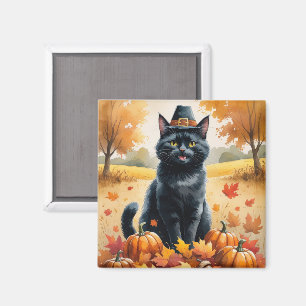Schwarze Katze im Herbst hinterlässt Erntedank Kun Magnet