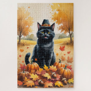 Schwarze Katze im Herbstlaub Erntedank Kunst