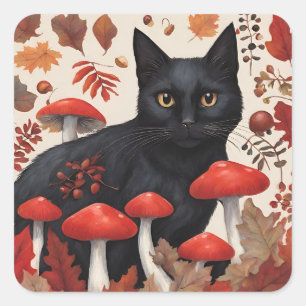Schwarze Katze im Herbstwald Quadratischer Aufkleber