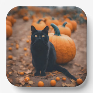 Schwarze Katze im Kürbisfeld Pappteller