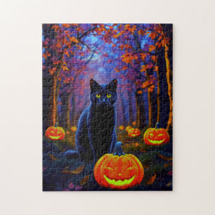 Schwarze Katze im Kürbiswald zu Halloween