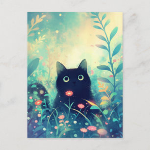 Schwarze Katze im magischen Teal-Wildblumengarten Postkarte