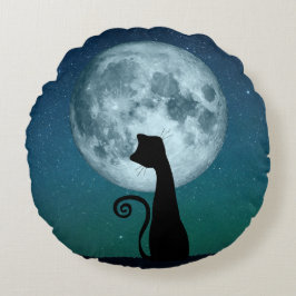 Schwarze Katze im Mondlicht Rundwurfkissen Rundes Kissen